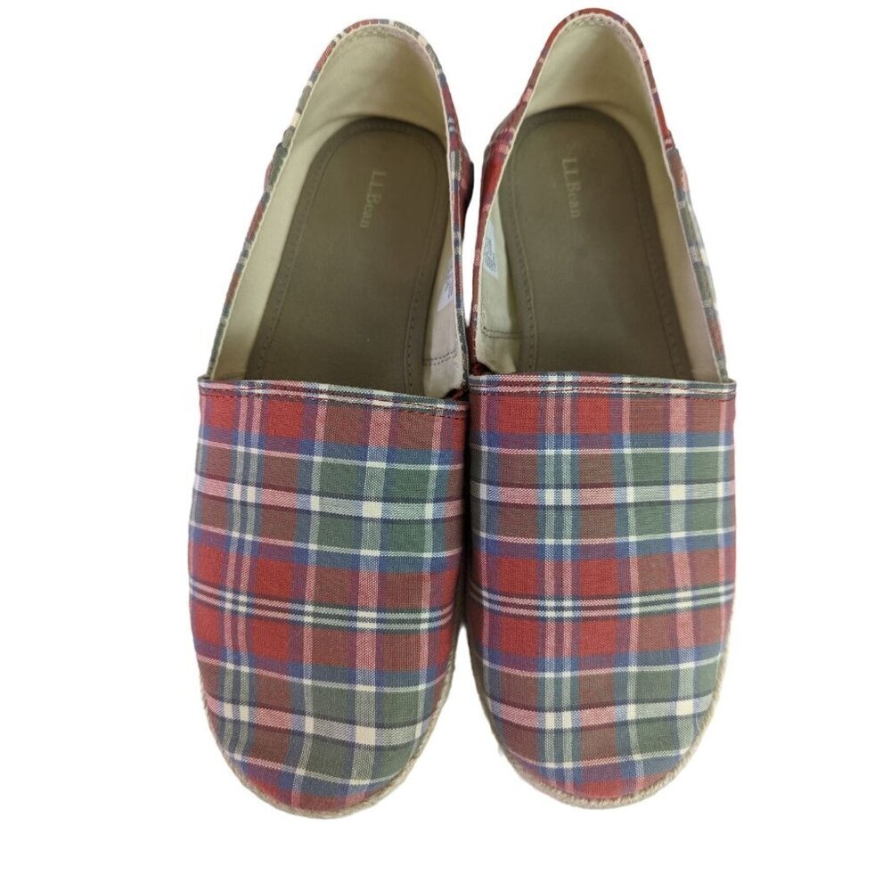 LL Bean Women Shoes Size 8 Slip On Sun Washed Canvas Red Gray Classic Plaid